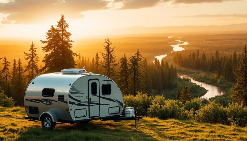 A beautifully detailed, highly realistic image of the Forest River RVS1 trailer, meticulously rendered with a warm, golden-hour lighting that bathes the scene in a soft, inviting glow. The trailer stands prominently in the foreground, its sleek, aerodynamic curves and gleaming silver accents capturing the eye. In the middle ground, a lush, verdant forest frames the trailer, its towering trees and verdant undergrowth creating a serene, natural backdrop. In the distance, a winding river cuts through the landscape, its gentle currents reflecting the warm tones of the sky. The overall atmosphere conveys a sense of tranquility and adventure, perfectly capturing the essence of trailer-based portable living.