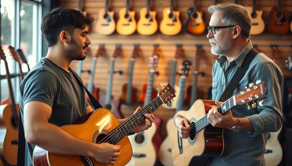 A beginner trying different guitars in a music store with assistance from a staff member