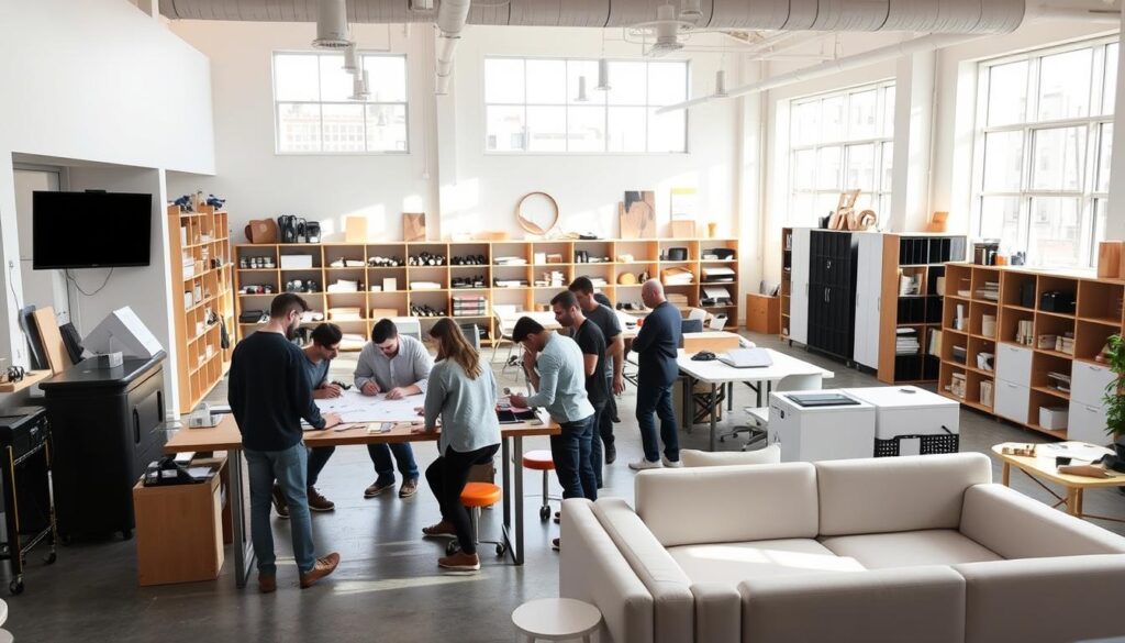 A bright, airy Maker Commons area with an open, collaborative atmosphere. In the foreground, a group of designers and engineers gathered around a workbench, sketching ideas and tinkering with prototypes. Sleek, minimalist furniture and equipment arranged in a modular layout, allowing for flexible configurations. Natural light filters in through large windows, casting a warm glow over the space. In the background, shelves and storage units display an array of materials, tools, and finished projects, hinting at the creative potential. The overall mood is one of focused productivity, sparked by the exchange of ideas and the thrill of rapid iteration.