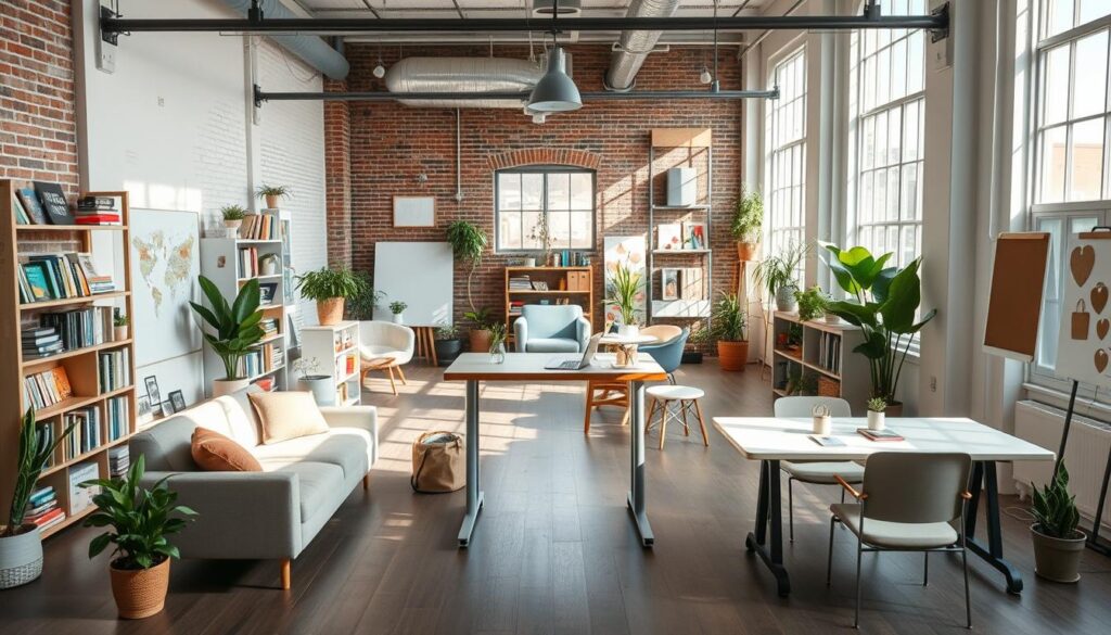 A bright, airy creative workspace with large windows letting in natural light. A central standing desk with modern minimalist design, surrounded by comfy seating areas and shelves lined with inspirational books and art supplies. Potted plants and colorful accents add warmth and personality. The space features a mix of industrial and natural elements - exposed brick walls, wooden floors, and sleek metal fixtures. An intuitive flow encourages collaboration, with whiteboards and corkboards for brainstorming. The overall atmosphere is calm, focused, and conducive to creative thinking.