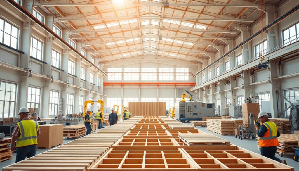 A bright, airy factory interior with a large assembly line at the center. In the foreground, workers in hard hats and safety vests carefully assemble modular building components made of sustainable materials like bamboo and recycled plastic. Overhead, large windows allow natural light to flood the space, casting a warm glow. In the background, robotic arms and automated machinery efficiently move parts and pieces, reducing manual labor and waste. The overall atmosphere conveys a sense of precision, efficiency, and environmental consciousness in the construction process.