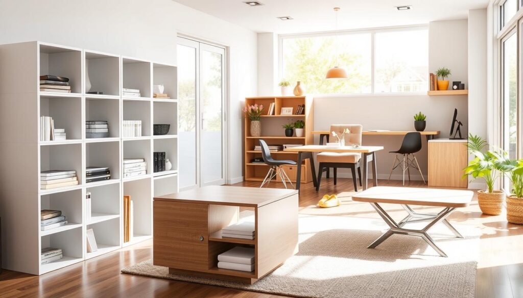 A bright, modern interior design space showcasing innovative storage solutions and space optimization techniques. The foreground features a versatile modular shelving unit with adjustable compartments, seamlessly blending function and aesthetics. The middle ground displays a transformable coffee table that can be easily reconfigured to serve as a dining surface or workspace. In the background, a wall-mounted desk and compact seating area demonstrate how to maximize limited square footage without compromising style. Natural light filters in through large windows, creating a warm, inviting atmosphere. The overall layout prioritizes ergonomics, accessibility, and a harmonious flow, exemplifying the principles of efficient interior design for a portable home.