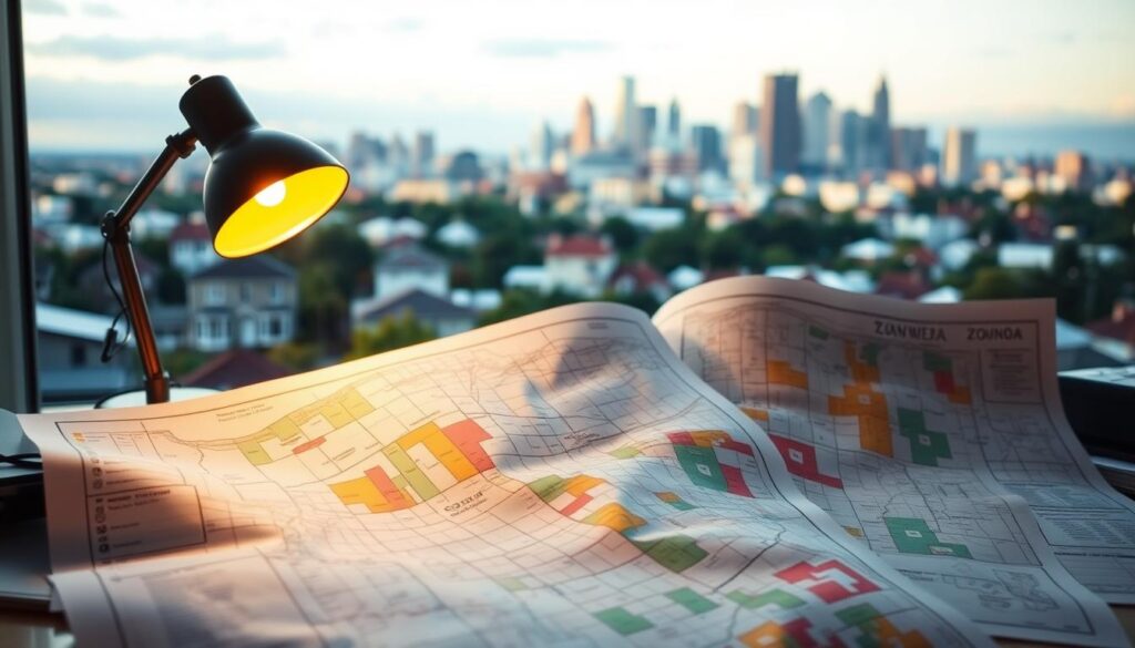 A bustling city skyline fades into the background, with a focus on a residential neighborhood. In the foreground, a series of zoning maps and planning documents are displayed on a desk, casting a warm glow from a desk lamp. The maps showcase various zoning designations, highlighting residential, commercial, and industrial areas. The atmosphere is one of contemplation and research, as the viewer is encouraged to consider the intricacies of zoning laws and their impact on portable home placement. The image conveys the importance of understanding local regulations when choosing a location for a portable dwelling.