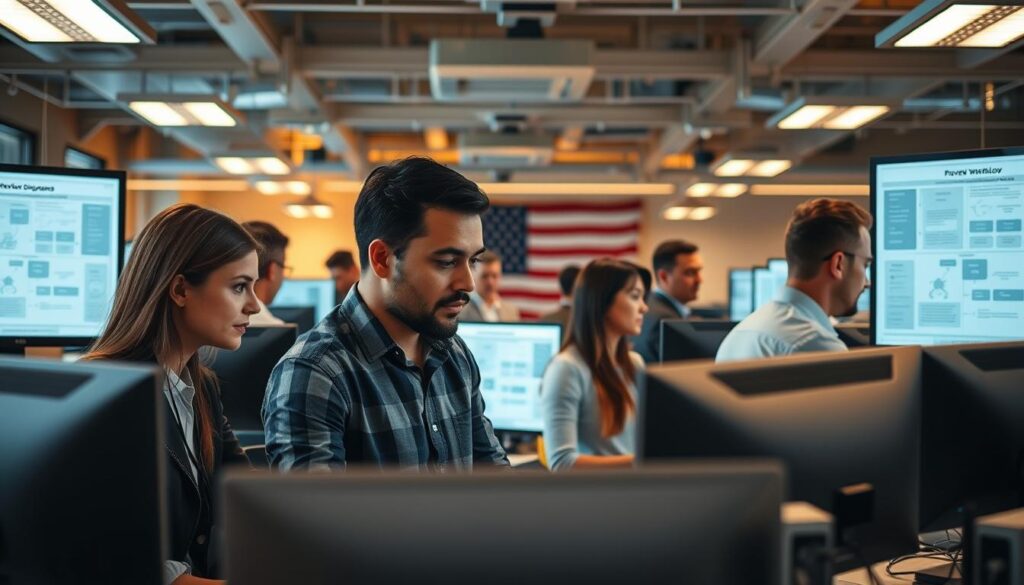 A bustling office setting, with n8n's proven workflow diagrams prominently displayed on computer screens. The layout features clean, minimalist lines and a modern, professional aesthetic. Warm, directional lighting casts a subtle glow, highlighting the intuitive user interface. In the foreground, a team of focused individuals collaborates seamlessly, their expressions conveying a sense of efficiency and confidence. The background subtly suggests the broader context of a successful, results-driven U.S. organization, with hints of an American flag or other patriotic elements. The overall impression is one of streamlined productivity, where n8n's capabilities seamlessly integrate with the team's workflows to drive exceptional outcomes.