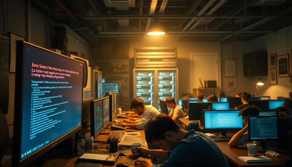 A bustling tech office with programmers hunched over their desks, focused on debugging code. In the foreground, a large computer screen displays an error message, its red text ominous against the dimly lit workspace. The middle ground features desks adorned with caffeine-fueled developers, their expressions a mix of concentration and frustration. In the background, a looming server rack emits a soft hum, underscoring the importance of reliable infrastructure. The scene is illuminated by a warm, incandescent glow, creating an atmosphere of intensity and determination as the team works to resolve the issue and maintain the smooth operation of their n8n-powered workflows.