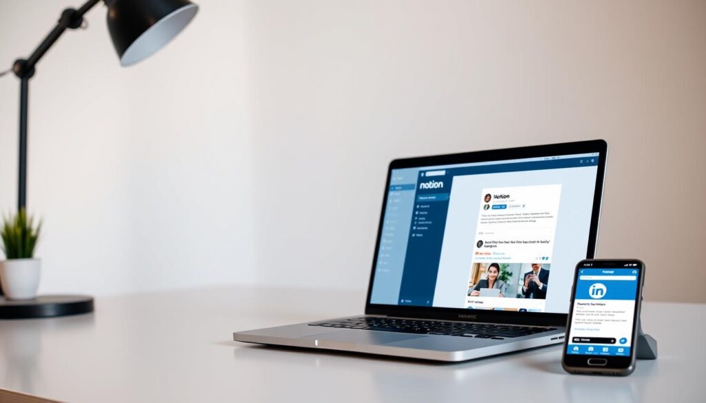 A clean, modern office space with a minimalist desk setup. On the desk, a laptop displays a Notion dashboard, while an open newsletter design template is visible on the screen. To the side, a smartphone displays a LinkedIn profile page. Soft, indirect lighting creates a warm, productive atmosphere. The composition emphasizes the seamless workflow from newsletter creation to Notion organization to LinkedIn sharing, reflecting the end-to-end use case. The scene conveys efficiency, organization, and the power of automated processes to streamline content distribution across platforms.