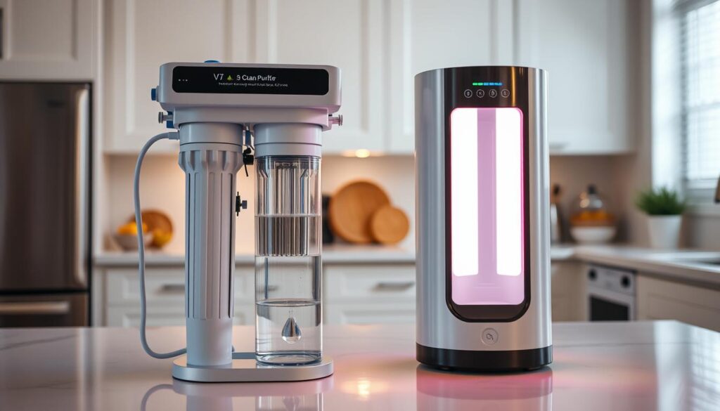 A clear, well-lit comparison of a reverse osmosis (RO) water purifier and a UV water purifier, set against a backdrop of a pristine American home interior. The RO unit sits prominently in the foreground, its intricate mechanisms and purification stages visible. The UV unit stands beside it, its sleek design and glowing indicator lights contrasting with the RO's technical complexity. The lighting is soft and natural, casting warm tones that evoke a sense of cleanliness and purity. The scene is framed by a spotless kitchen countertop, hinting at the importance of clean drinking water in the American household.