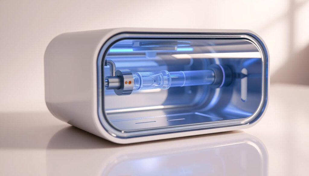 A close-up view of a modern UV water purifier device, showcasing its sleek and compact design. The purifier sits on a clean, white surface, bathed in soft, diffused lighting that highlights its metallic accents and transparent quartz-glass housing. The purifier's internals are visible, revealing the intricate UV-C lamp and water flow path, conveying the technological sophistication of the water purification process. The scene exudes a sense of purity, efficiency, and trust in the device's ability to provide safe, clean drinking water. The overall composition emphasizes the purifier's role as a vital household appliance for maintaining optimal water quality.