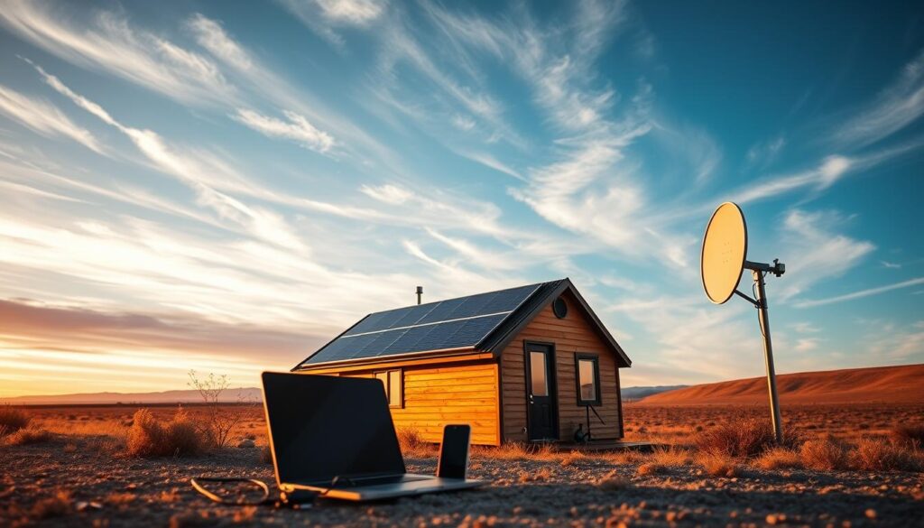 A compact, energy-efficient tiny home sits nestled in a serene, off-grid landscape. Sleek solar panels adorn the roof, harnessing the power of the sun. In the foreground, a laptop and smartphone are connected to a satellite dish, enabling seamless remote work and online connectivity. The warm, golden lighting casts a cozy glow, creating an atmosphere of productivity and tranquility. Wispy clouds drift across a vibrant blue sky, conveying a sense of freedom and adventure. The entire scene is captured through a wide-angle lens, emphasizing the harmony between technology, sustainability, and the great outdoors.