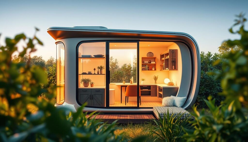 A compact, futuristic tiny house nestled amidst lush greenery, its sleek exterior gleaming under warm, directional lighting. The home's minimalist design emphasizes smart space utilization, with modular furniture, hidden storage, and a thoughtfully planned floorplan maximizing the limited square footage. Large windows flood the interior with natural light, creating an airy, inviting ambiance. Carefully positioned shelves, nooks, and multi-purpose surfaces demonstrate clever organization solutions, showcasing the tiny house's efficient, adaptable layout. The scene conveys a sense of modern, sustainable living in a compact, self-sufficient dwelling.