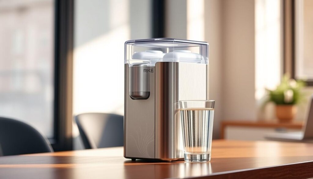 A compact, lightweight RO (reverse osmosis) water purifier set up on a wooden table, with a glass of clean, filtered water next to it. The purifier has a sleek, minimalist design with a stainless steel body and clear plastic water tank. Soft, natural lighting illuminates the scene, creating a warm, inviting atmosphere. The purifier is placed at an angle, allowing a clear view of its internal components and the water filtration process. The background is blurred, keeping the focus on the purifier and the glass of water, conveying a sense of simplicity and functionality.