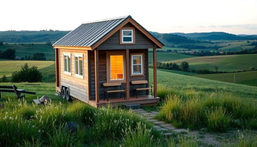 A compact, meticulously crafted tiny house nestled in a serene, rolling countryside. The structure features clean, minimalist lines, with a peaked roof and wide windows that bathe the interior in warm, natural light. In the foreground, a quaint porch with simple wooden benches invites visitors to pause and admire the picturesque scene. The middle ground showcases the house's proportions, its modest yet efficient dimensions subtly blending with the surrounding landscape of lush greenery and distant hills. Rendered in a warm, earthy color palette, the tiny house exudes a sense of rustic charm and self-reliance, perfectly embodying the principles of portable, sustainable living.