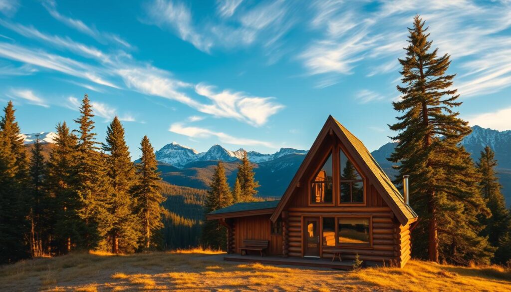 A cozy A-frame cabin nestled in a picturesque mountain landscape, bathed in warm golden light. The structure features sharp triangular rooflines, large windows that frame the stunning scenery, and a rustic wooden exterior blending seamlessly with the natural surroundings. In the foreground, a small porch with a welcoming bench invites exploration. Wispy clouds drift across a clear blue sky, while towering pine trees and distant snow-capped peaks create a serene, secluded atmosphere, perfect for a peaceful retreat. The overall scene evokes a sense of tranquility and adventure, capturing the essence of a charming backcountry hut.