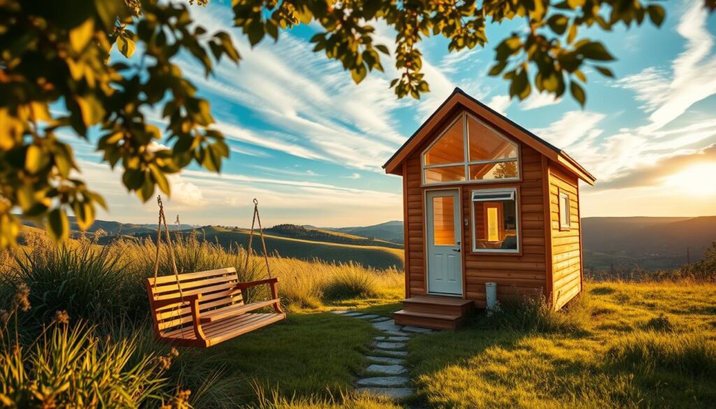 A cozy and compact tiny house nestled in a lush, verdant landscape. The structure features a slanted roof, wooden siding, and large windows that allow natural light to flood the interior. In the foreground, a charming porch with a wooden swing invites relaxation. The middle ground showcases a well-manicured yard with a path leading to the house, while the background reveals rolling hills and a vibrant blue sky with wispy clouds. The scene is bathed in warm, golden-hour lighting, creating a serene and inviting atmosphere. The tiny house stands as a testament to the possibilities of compact, sustainable living.