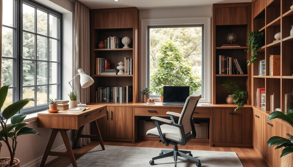A cozy and well-designed home office with a large window overlooking a lush, peaceful garden. A mid-century modern desk in warm wood tones sits in the foreground, accompanied by an ergonomic office chair with soft, muted upholstery. The background features built-in shelves displaying a curated collection of books and decorative elements, creating a sense of order and productivity. Soft, diffused lighting from the window and a modern desk lamp illuminates the space, evoking a calm and focused atmosphere. The overall composition emphasizes the importance of thoughtful design and ergonomics in a compact, yet functional work area.