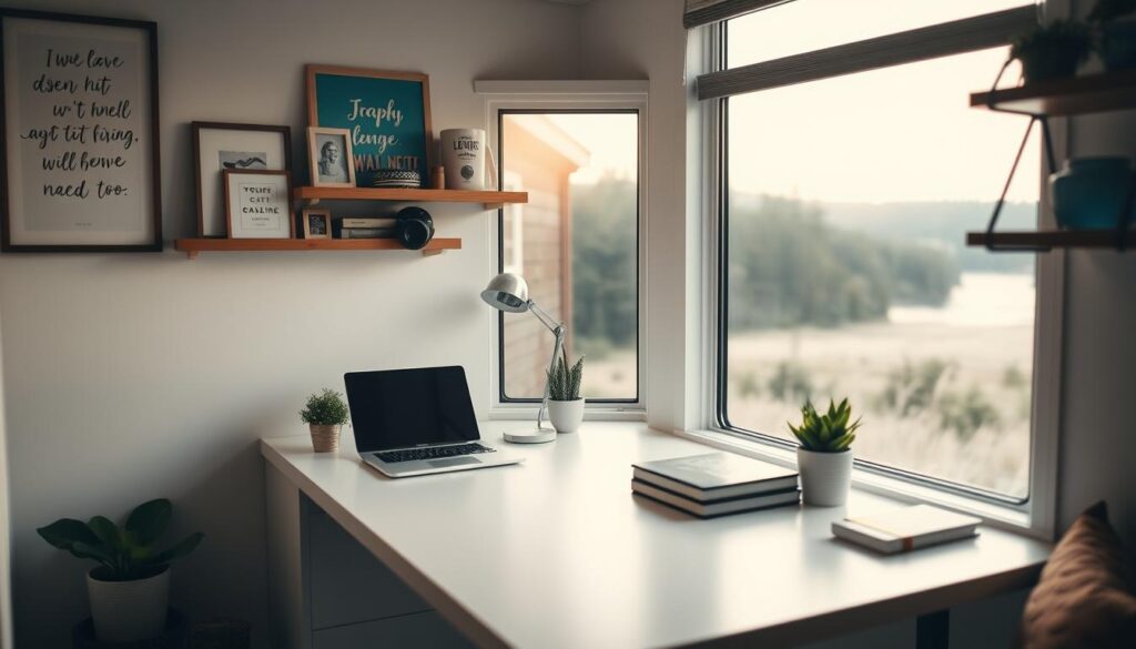 A cozy and well-organized tiny home workspace, with a sleek, minimal desk set against a large window overlooking a serene natural landscape. The desk is adorned with a laptop, a potted plant, and a few carefully curated office supplies. Soft, diffused lighting filters in from the window, creating a warm and productive atmosphere. The walls are adorned with inspirational artwork and shelves displaying personal mementos, adding a touch of personality to the space. The overall composition conveys a sense of efficiency, tranquility, and a perfect balance between work and life in a compact, portable living environment.