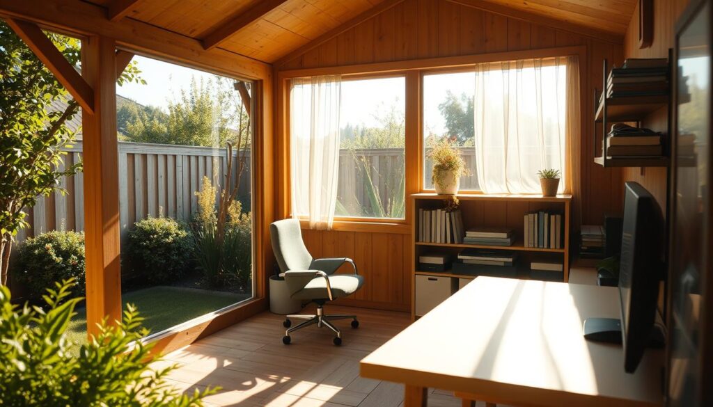 A cozy backyard office shed bathed in warm, natural lighting. The wooden structure features large windows overlooking a lush, well-manicured garden. The interior is minimalist yet functional, with a sleek, modern desk, comfortable armchair, and strategically placed shelves. Sunlight filters through sheer curtains, creating a tranquil, focused atmosphere. The office blends seamlessly with its outdoor surroundings, promoting a sense of connection to nature. A perfect sanctuary for productivity and inspiration.