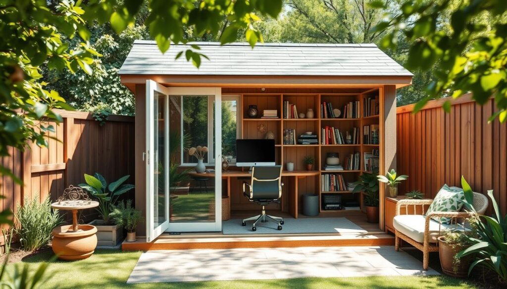 A cozy backyard shed transformed into a charming home office, bathed in warm natural light streaming through large windows. The shed's exterior features rustic wood siding and a slate grey roof, blending seamlessly with the lush greenery of the surrounding garden. Inside, a spacious work area with a modern desk, ergonomic chair, and sleek computer setup. Bookshelves line the walls, filled with inspiring reads. Potted plants and a small seating area create a calming, productive atmosphere. The scene is captured with a wide-angle lens, showcasing the shed's integration into the serene backyard landscape. A cozy backyard shed transformed into a charming home office, bathed in warm natural light streaming through large windows. The shed's exterior features rustic wood siding and a slate grey roof, blending seamlessly with the lush greenery of the surrounding garden. Inside, a spacious work area with a modern desk, ergonomic chair, and sleek computer setup. Bookshelves line the walls, filled with inspiring reads. Potted plants and a small seating area create a calming, productive atmosphere. The scene is captured with a wide-angle lens, showcasing the shed's integration into the serene backyard landscape.