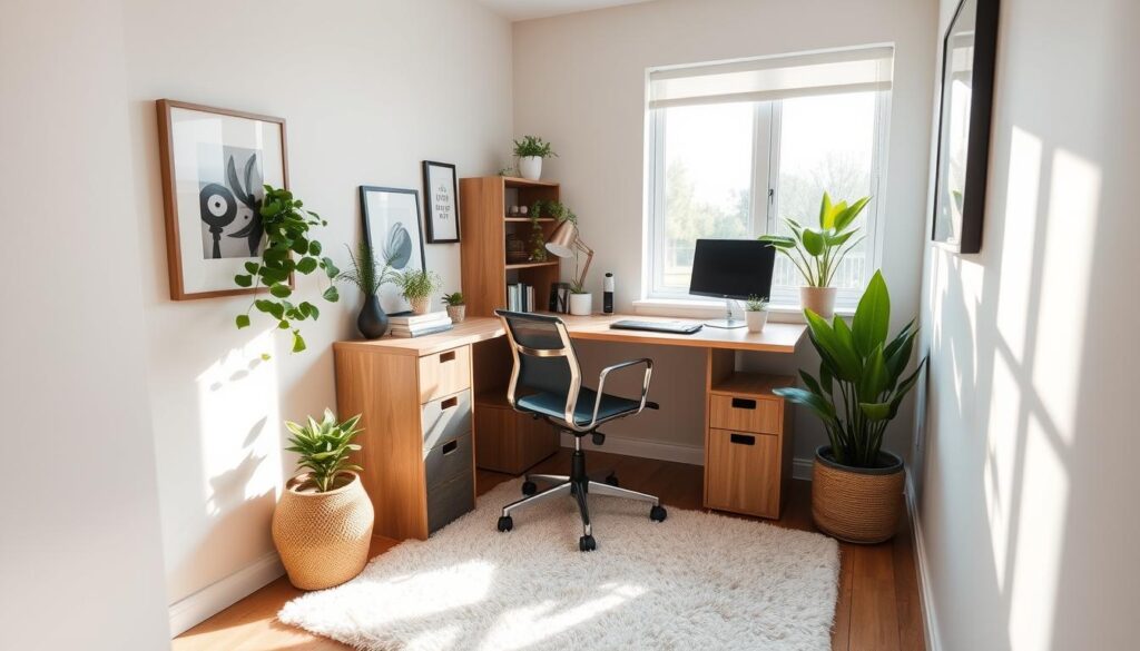 A cozy corner office nook, bathed in soft, natural light filtering through a large window. The space is compact but efficiently designed, with a custom-built wooden desk and shelving unit nestled into the angle of the walls. Potted plants and framed artwork add pops of greenery and warmth, while a plush, minimalist rug and desk chair create an inviting, comfortable work environment. The overall atmosphere is one of focused productivity and creative inspiration, with clean lines, neutral tones, and an emphasis on ergonomic functionality.