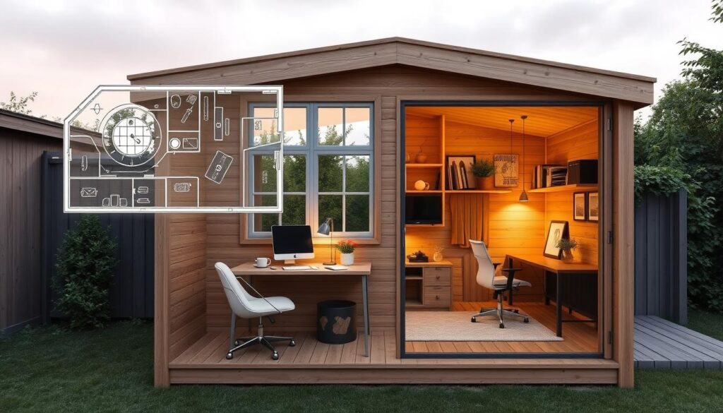 A cozy home office space meticulously planned within a charming wooden shed. The interior features warm lighting, clean lines, and an ergonomic desk setup optimized for productivity. The layout showcases smart storage solutions and ample natural light flowing through large windows. Neutral tones and minimalist decor create a calming, focused atmosphere ideal for remote work. A blueprint-style side view reveals the shed's efficient spatial arrangement, highlighting the seamless integration of work and leisure zones. Seen from an elevated angle, the shed blends harmoniously with its lush, verdant surroundings, embodying the perfect balance of function and aesthetic. A cozy home office space meticulously planned within a charming wooden shed. The interior features warm lighting, clean lines, and an ergonomic desk setup optimized for productivity. The layout showcases smart storage solutions and ample natural light flowing through large windows. Neutral tones and minimalist decor create a calming, focused atmosphere ideal for remote work. A blueprint-style side view reveals the shed's efficient spatial arrangement, highlighting the seamless integration of work and leisure zones. Seen from an elevated angle, the shed blends harmoniously with its lush, verdant surroundings, embodying the perfect balance of function and aesthetic.
