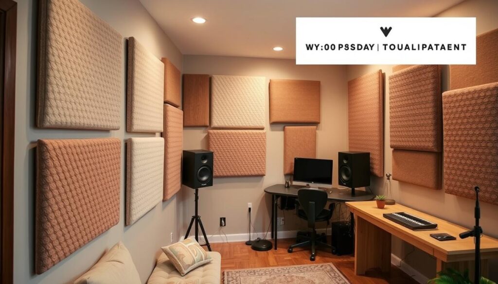 A cozy home studio with acoustic panels arranged on the walls, creating a warm and inviting atmosphere. The panels are in a range of neutral tones, blending seamlessly with the overall decor. Soft, diffused lighting illuminates the space, highlighting the textured surfaces of the panels. The camera captures the setup from a slightly elevated angle, emphasizing the DIY nature of the panels and showcasing their practical yet aesthetically pleasing application. The image conveys a sense of budget-friendly, customizable acoustic treatment that enhances the creative ambiance of the home studio.