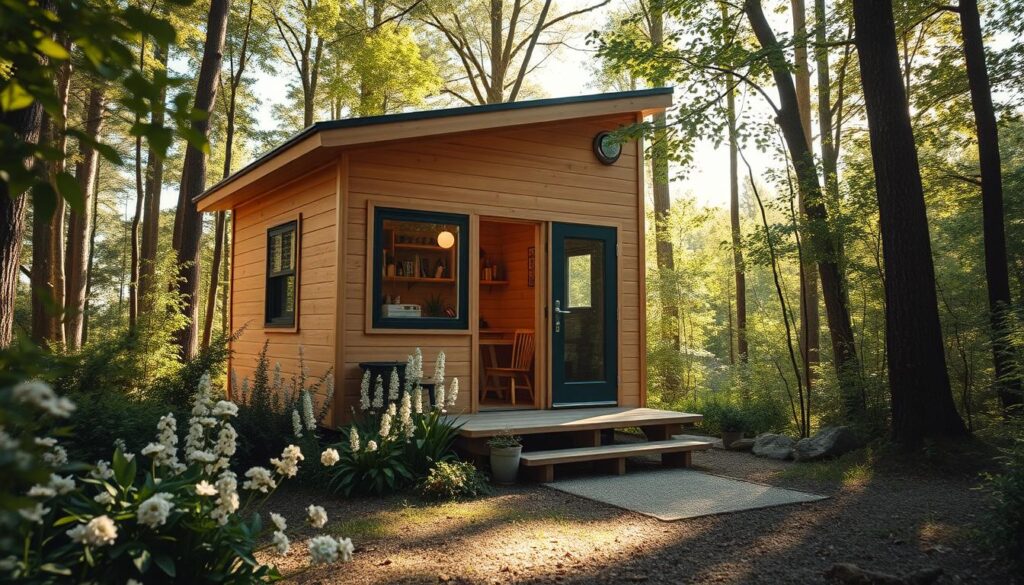 A cozy, meticulously designed tiny house nestled in a serene, sun-dappled forest clearing. The structure features warm, natural wood siding and a slanted, energy-efficient roof. Lush greenery and flowering plants surround the home, creating a harmonious blend of indoor and outdoor living. Large windows allow ample natural light to flood the interior, which is tastefully furnished with minimalist, multifunctional pieces. A small porch, complete with a wooden bench, invites the owner to relax and soak in the tranquil, pastoral atmosphere. Soft, diffused lighting emanates from the home, conveying a sense of comfort and homeliness. The entire scene is captured through a wide-angle lens, emphasizing the tiny house's compact yet thoughtfully-planned design.