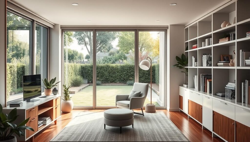 A cozy, modern home office with an abundance of natural light streaming through large windows, overlooking a lush, well-manicured backyard. Sleek, minimalist furniture in shades of white and gray, complemented by warm wooden accents. A comfortable armchair nestled in the corner, perfect for reading or contemplating. Shelves lining the walls, displaying a curated collection of books and decorative items. The room is illuminated by a combination of overhead lighting and a stylish floor lamp, creating a soft, inviting ambiance. The overall atmosphere is one of productivity, relaxation, and inspiration, making it the ideal space to immerse oneself in work or personal projects.