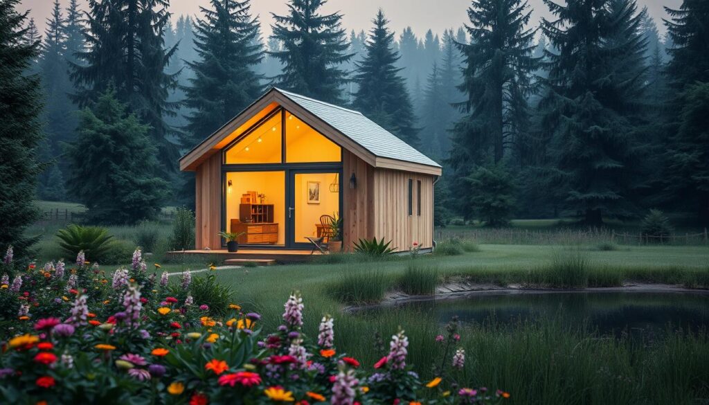 A cozy, modern tiny house nestled in a lush, verdant landscape. The dwelling is constructed with natural wood paneling and large windows that flood the interior with warm, soft lighting. A sleek, minimalist design with clean lines and a gable roof creates an inviting, serene atmosphere. In the foreground, a well-tended garden overflows with vibrant flowers and greenery. The middle ground features a peaceful pond, its still waters reflecting the tranquil scene. Towering evergreen trees line the background, casting gentle shadows across the serene setting. The overall mood is one of tranquility, simplicity, and a harmonious connection to nature.