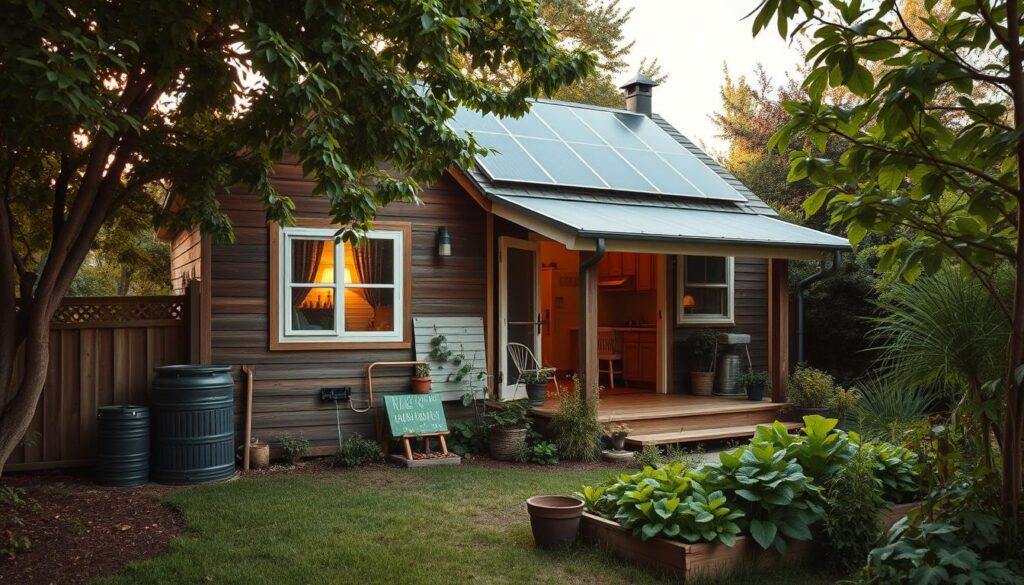 A cozy, modest home nestled amidst lush greenery, its exterior adorned with eco-friendly materials like reclaimed wood and solar panels. The front yard features a well-tended vegetable garden, while a compost bin and rain barrel sit nearby, showcasing sustainable living practices. The interior is bathed in warm, natural light, with minimalist furnishings and energy-efficient appliances. A sense of tranquility and cost-saving harmony pervades the scene, embodying the principles of eco-friendly, affordable living.