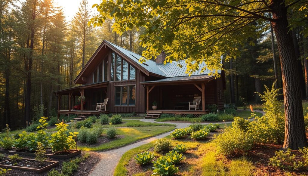 A cozy, off-grid cabin nestled in a lush, forested landscape, bathed in warm, golden afternoon light filtering through the canopy of verdant trees. The cabin's rustic wooden exterior blends seamlessly with the natural surroundings, its large windows offering panoramic views of the serene wilderness. In the foreground, a well-tended vegetable garden flourishes, hinting at the self-sufficient lifestyle within. A winding path leads to the cabin's inviting porch, where a rocking chair beckons for a moment of peaceful reflection. The overall scene conveys a sense of tranquility, harmony, and the joy of living in harmony with nature.