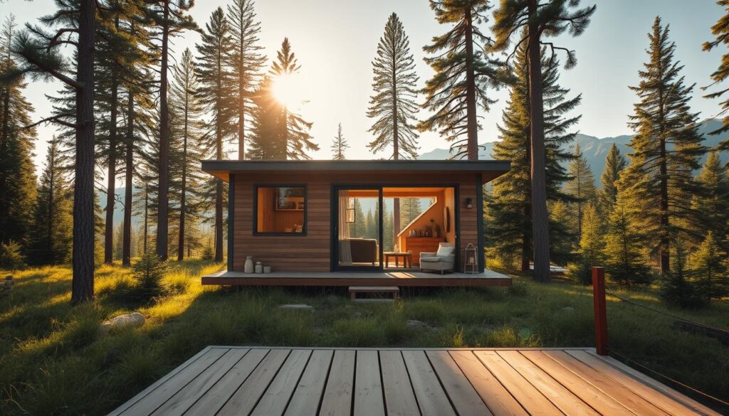 A cozy off-grid tiny home nestled in a lush forest clearing, its sleek modern design seamlessly blending with the natural surroundings. Warm sunlight filters through the large windows, illuminating the minimalist yet comfortable interior. Wooden accents and earth-toned furnishings create a peaceful, rustic ambiance. In the foreground, a wooden deck offers a perfect spot to enjoy the tranquil scenery, while the background showcases towering evergreens and a distant mountain range. The scene evokes a sense of escape, sustainability, and a harmonious connection with the wilderness.
