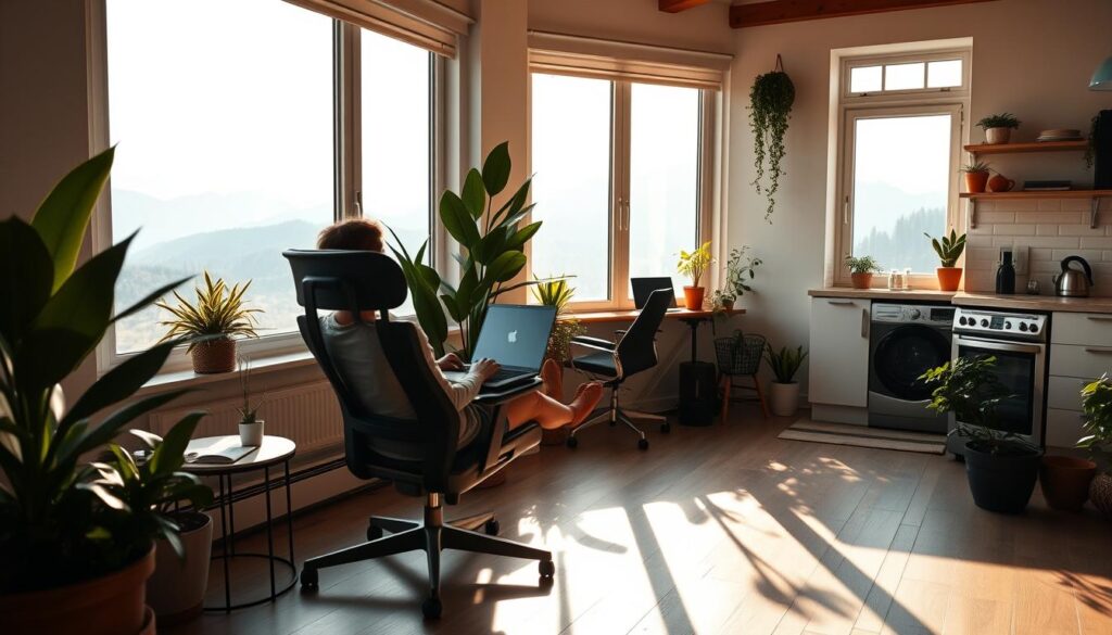 A cozy, sun-drenched home office with a stunning panoramic view of the mountains. A remote worker lounges in a comfortable ergonomic chair, laptop in hand, surrounded by lush indoor plants and a minimalist decor. Warm, diffused natural lighting filters through large windows, casting a soft glow on the space. In the background, a stylish compact kitchen, its sleek appliances and clean lines hinting at the efficient, self-contained lifestyle of a digital nomad. The overall atmosphere is one of tranquility, focus, and the perfect balance of work and relaxation.