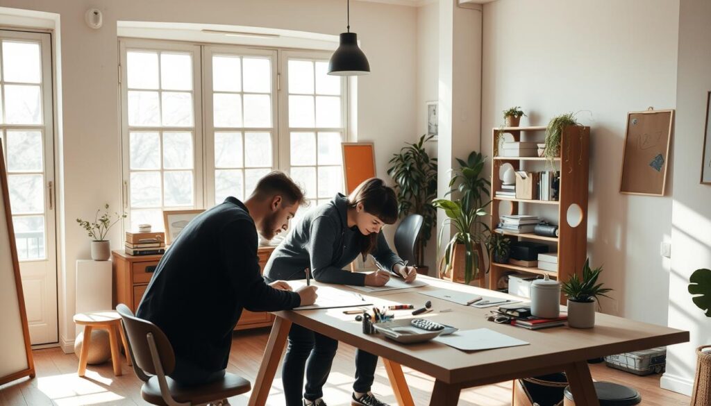 A cozy, sun-lit studio space with two creatives collaborating side-by-side. In the foreground, a pair of designers hunched over a shared drafting table, sketching ideas and animatedly discussing their work. Soft natural light filters in through large, industrial-style windows, casting a warm glow across the minimalist, Scandinavian-inspired interior. Wooden accents, potted plants, and a well-curated mix of office supplies hint at the creators' meticulous attention to detail. The overall atmosphere is one of focused, productive energy - a harmony of minds united in the creative process.