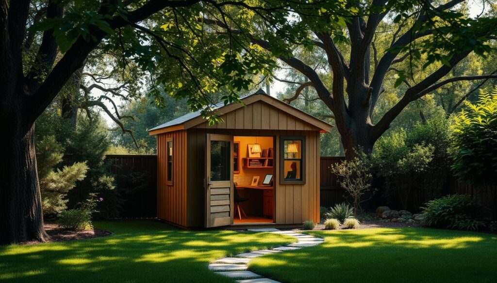 A cozy, well-designed office shed nestled in a lush, verdant backyard. The shed's exterior features clean lines, warm wooden siding, and a charming pitched roof with a skylight, allowing natural light to flood the interior. The shed is positioned against a backdrop of towering trees, their branches casting a gentle, dappled pattern of shadows across the scene. The foreground is accented by a neatly manicured lawn and a winding garden path, inviting the viewer to step inside and explore this tranquil, productive workspace. The scene is illuminated by soft, natural lighting, creating a serene and inviting atmosphere.