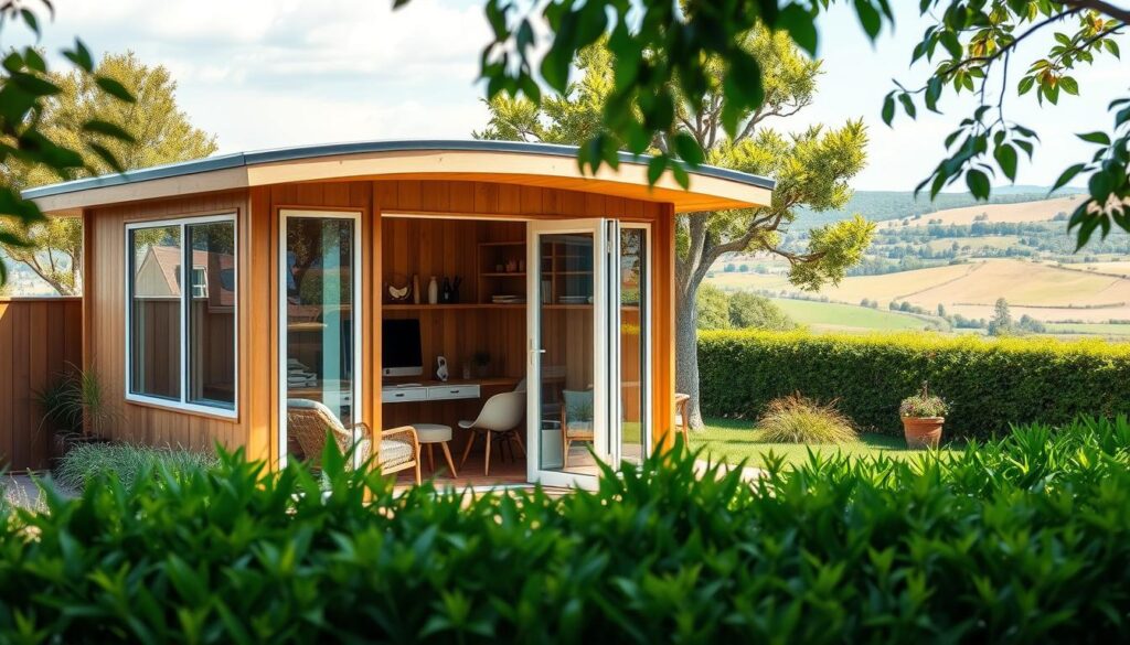 A cozy, well-lit backyard office shed with a modern, minimalist design. The structure features large windows that allow natural light to flood the interior, creating a bright and airy atmosphere. The exterior is clad in warm-toned wood paneling, complemented by clean lines and a sleek, contemporary aesthetic. In the foreground, a small patio or deck with comfortable seating invites relaxation and inspiration. The middle ground showcases lush, neatly manicured greenery that frames the shed, blending the structure seamlessly into the natural surroundings. In the background, a picturesque landscape of rolling hills or a tranquil garden provides a serene backdrop, evoking a sense of retreat and productivity.