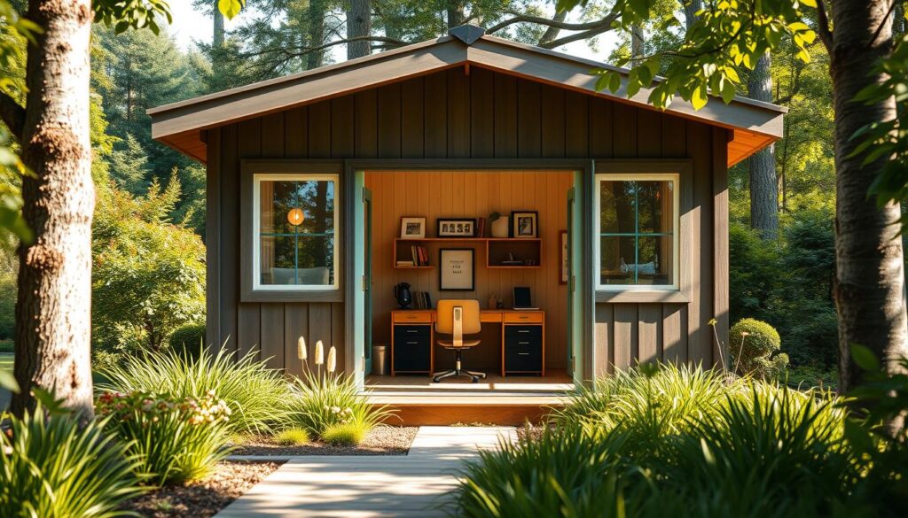 A cozy, well-lit home office shed nestled in a lush, verdant backyard. Warm natural light streams in through large windows, illuminating a minimalist workspace with a sturdy wooden desk, comfortable chair, and shelves displaying inspirational decor. The shed's exterior blends seamlessly with the surrounding greenery, featuring weathered wood paneling and a gabled roof. In the foreground, a paved pathway leads to the shed's inviting entrance, while in the background, towering trees and vibrant foliage create a serene, private oasis. The overall scene conveys a sense of productivity, tranquility, and harmonious integration with the natural environment.