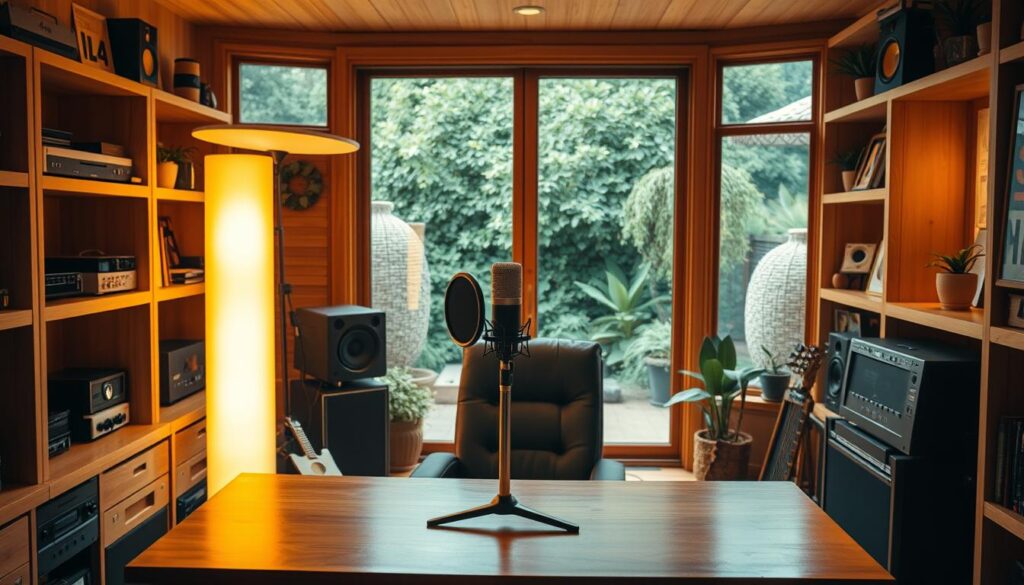 A cozy, well-lit home recording studio with natural wood accents and a vintage vibe. Warm, soft lighting from a large floor lamp illuminates the space, casting a golden glow. In the foreground, a sleek, modern microphone stand with a high-quality condenser mic sits atop a polished wooden desk. Behind it, a high-backed leather chair invites the artist to get comfortable. Shelves lining the walls display a mix of analog and digital recording equipment, music memorabilia, and potted plants, adding visual interest. Large windows in the background offer a serene view of a lush, green backyard, fostering inspiration and creativity.