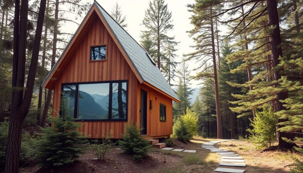 A design-forward, A-frame tiny house nestled in a lush, forested landscape. The structure is clad in warm, weathered wood, with large windows that frame picturesque mountain views. Soft, diffused natural light filters through the trees, casting a cozy, inviting atmosphere. The cabin's sleek, minimalist silhouette is complemented by the surrounding verdant foliage, creating a harmonious blend of modern architecture and serene wilderness. A winding path leads to the cabin's entrance, inviting exploration of this idyllic, off-grid retreat.