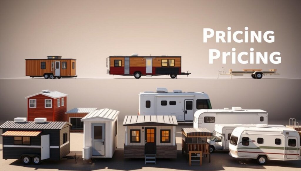 A detailed comparison of different portable home types, showcased in a seamless, well-lit composition. In the foreground, an array of portable structures, including tiny homes, modular units, and RVs, arranged to highlight their unique features and price points. The middle ground features a subtle gradient background, emphasizing the subjects. Warm, natural lighting casts soft shadows, creating depth and accentuating the textural details of the materials. The overall aesthetic is clean, modern, and informative, inviting the viewer to explore the nuances of portable home pricing.