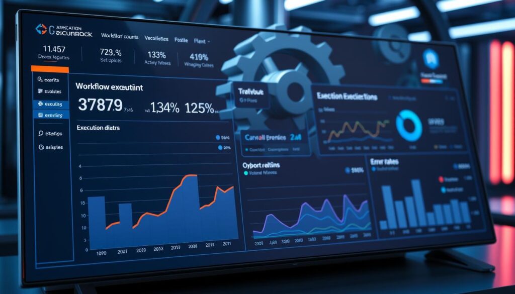 A detailed execution dashboard with various metrics and visualizations, displayed on a sleek, futuristic interface. The foreground showcases a central chart highlighting workflow execution counts, with customizable date ranges and filtering options. The middle ground features interactive graphs tracking execution success rates, durations, and error rates, providing deep insights. In the background, a 3D model of a gear or cog rotates, symbolizing the complex machinery of workflow automation. The overall scene is bathed in a cool, neon-infused lighting, creating a polished, high-tech atmosphere that resonates with the "Estimating executions for your workflows" theme.