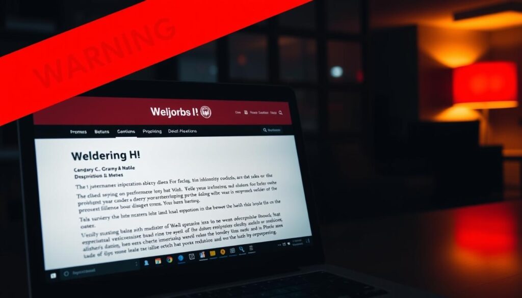A detailed job posting displayed on a professional-looking website, with a striking red "Warning" banner overlaying the top. The posting has an official-sounding job title, company name, and descriptive responsibilities, but the layout and formatting appear slightly off-kilter, hinting at potential deception. The background is a dimly lit office scene, evoking a sense of unease. Dramatic side lighting casts shadows that obscure certain details, creating an air of mystery and suspicion. The overall mood is one of cautious scrutiny, urging the viewer to be vigilant when evaluating employment opportunities.