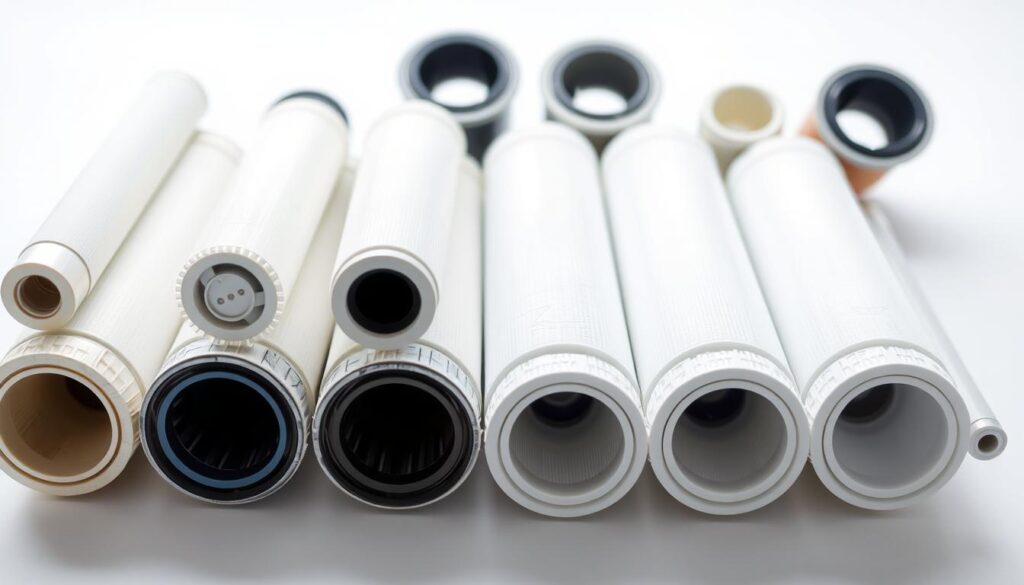 A detailed photograph of a set of RO (reverse osmosis) water filter cartridges on a clean white background. The cartridges are arranged neatly, showcasing their cylindrical shape, various sizes, and distinctive filter materials. The lighting is soft and diffused, creating an even, shadow-free illumination that highlights the textures and contours of the filters. The camera is positioned at a slight angle, providing a balanced, symmetrical composition that emphasizes the key features of the filters. The overall mood is one of clinical precision and product focus, suitable for highlighting the technical details of RO water filter cartridge selection.