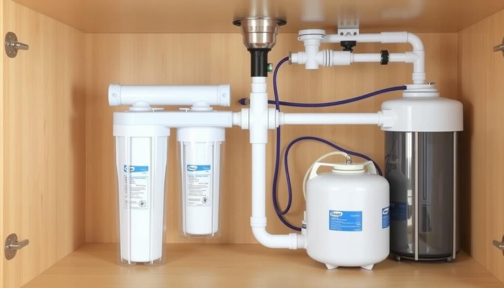 A detailed, technical diagram of an under sink reverse osmosis (RO) water filter installation. The image shows the various components in the foreground, including the RO membrane, sediment and carbon filters, and the storage tank. The middle ground features the plumbing connections, with water lines and fittings. The background showcases the compact, organized layout of the complete under sink RO system, highlighting its efficient integration into the cabinetry. The lighting is crisp and evenly distributed, providing clear visibility of all the intricate details. The overall composition conveys a sense of functionality and professionalism, suitable for illustrating the installation process of an under sink RO water purifier. A detailed, technical diagram of an under sink reverse osmosis (RO) water filter installation. The image shows the various components in the foreground, including the RO membrane, sediment and carbon filters, and the storage tank. The middle ground features the plumbing connections, with water lines and fittings. The background showcases the compact, organized layout of the complete under sink RO system, highlighting its efficient integration into the cabinetry. The lighting is crisp and evenly distributed, providing clear visibility of all the intricate details. The overall composition conveys a sense of functionality and professionalism, suitable for illustrating the installation process of an under sink RO water purifier.