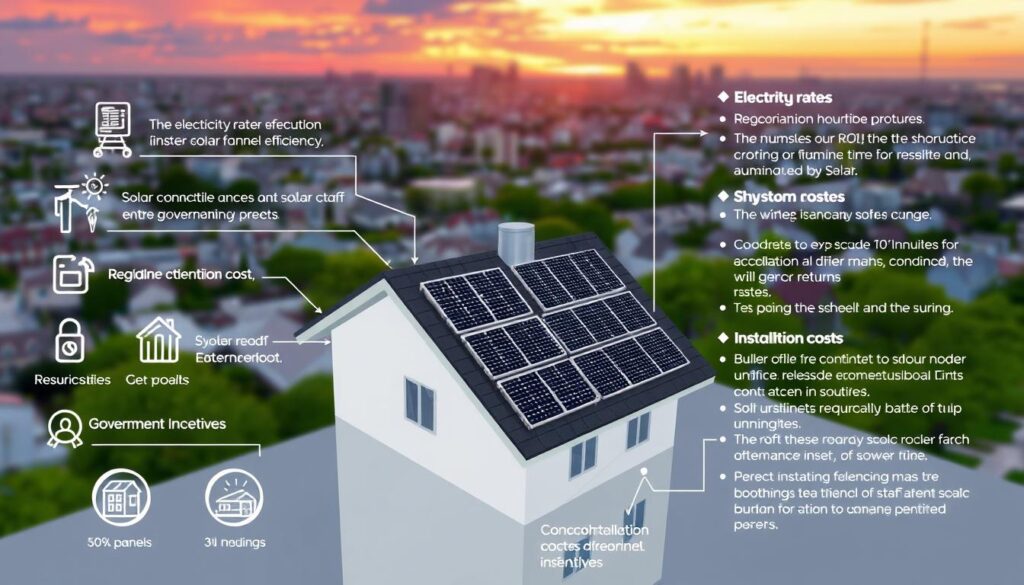 A detailed technical illustration showcasing the key factors that influence the return on investment (ROI) for solar panel installations. In the foreground, various icons and graphs depict the primary considerations such as electricity rates, solar panel efficiency, system size, installation costs, and government incentives. The middle ground features a simplified 3D model of a residential rooftop with solar panels, highlighting the impact of roof orientation, tilt angle, and shading. In the background, a cityscape with a vibrant sunset sky sets the scene, conveying the environmental and financial benefits of solar energy. The image should strike a balanced tone, combining analytical data visualization with an aesthetic, informative presentation. A detailed technical illustration showcasing the key factors that influence the return on investment (ROI) for solar panel installations. In the foreground, various icons and graphs depict the primary considerations such as electricity rates, solar panel efficiency, system size, installation costs, and government incentives. The middle ground features a simplified 3D model of a residential rooftop with solar panels, highlighting the impact of roof orientation, tilt angle, and shading. In the background, a cityscape with a vibrant sunset sky sets the scene, conveying the environmental and financial benefits of solar energy. The image should strike a balanced tone, combining analytical data visualization with an aesthetic, informative presentation.