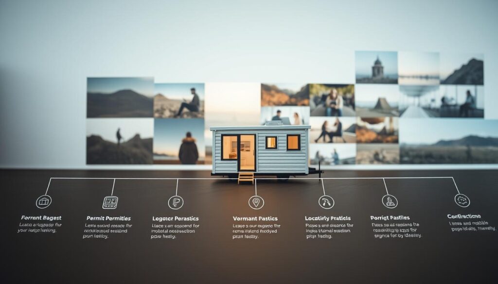 A detailed timeline depicting the practicalities of portable housing, captured with a wide-angle lens. In the foreground, a series of graphical icons representing budgets, permits, and construction stages. The middle ground showcases a miniature model home, its sleek lines and neutral tones evoking a modern, modular aesthetic. In the background, a montage of location-independent lifestyle images - remote work setups, scenic vistas, and people enjoying their mobile abodes. The lighting is soft and diffused, creating a contemplative, almost aspirational atmosphere. The overall composition conveys the logical progression and thoughtful considerations required when exploring portable home solutions for the digital nomad lifestyle.