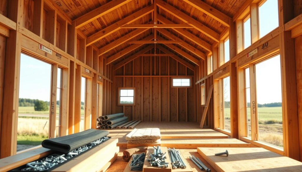 A detailed wide-angle shot of a tiny house frame, illuminated by warm natural light filtering through the walls. The wooden beams and trusses form a minimalist geometric structure, exuding a sense of simplicity and efficiency. The frame is elevated slightly off the ground, showcasing the sturdy foundation. In the foreground, various building materials like insulation, nails, and fasteners are neatly organized, hinting at the intricate process of constructing a portable home. The background blurs into a tranquil countryside setting, emphasizing the harmony between the tiny house and its natural surroundings.