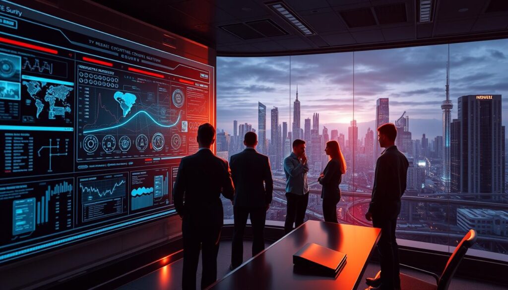 A digital security command center, with a sleek and modern interface. In the foreground, a holographic display shows real-time threat monitoring, with intricate data visualizations. In the middle ground, a team of cybersecurity experts collaborates, studying the data and formulating strategies. The background is a dynamic cityscape, with skyscrapers and infrastructure, emphasizing the scale and importance of the task at hand. Dramatic lighting casts long shadows, creating a sense of intensity and urgency. The overall atmosphere conveys a balance of technological prowess and human vigilance, reflecting the critical need for robust security, compliance, and control in the digital age.