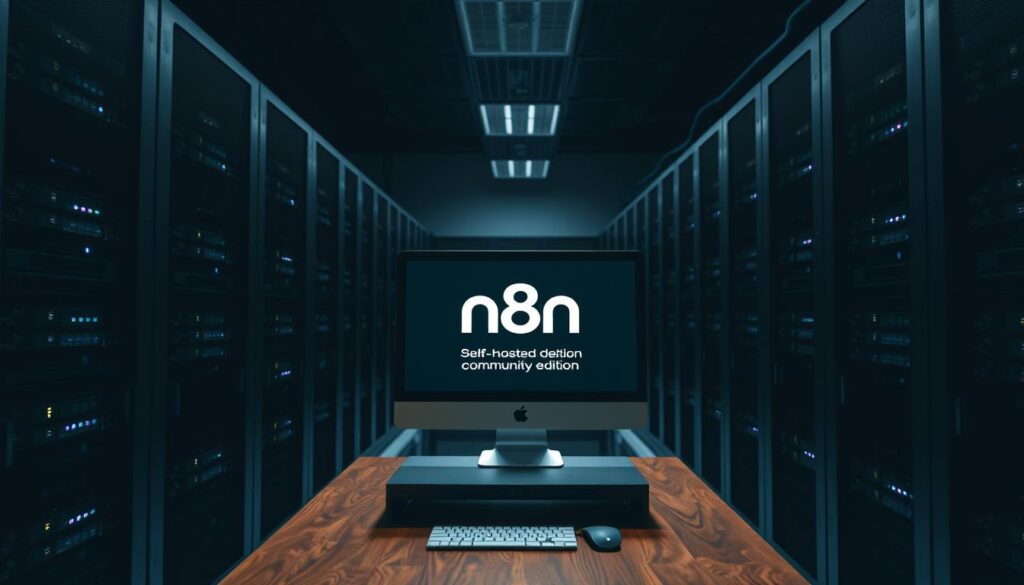 A dimly lit server room with rows of sleek, black rack-mounted computers, their LED lights casting a soft glow throughout the space. In the foreground, a single desktop computer sits on a sturdy wooden table, its screen displaying the n8n logo - a bold, angular 'n' symbolizing the self-hosted community edition. The room's atmosphere is one of quiet purpose, with the hum of fans and the occasional beep from the hardware creating a subtle, ambient soundtrack. The lighting is intentionally low-key, creating deep shadows and highlighting the technical details of the equipment, conveying the sense of a self-hosted, DIY solution operating behind the scenes.