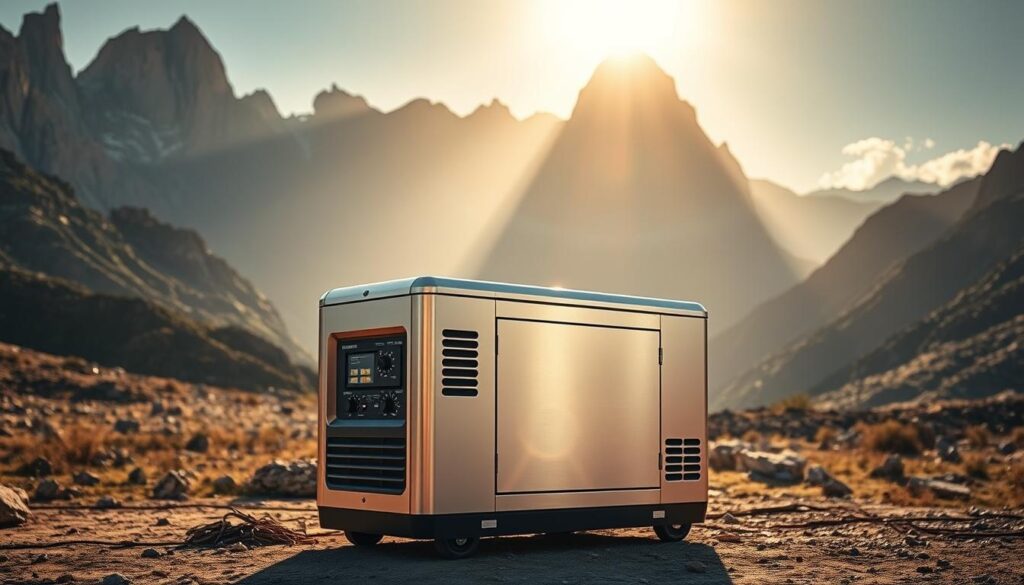 A dramatic landscape of rugged terrain and towering mountains, illuminated by the warm glow of the sun. In the foreground, a modern, sleek portable home generator stands in stark contrast to the natural surroundings, its metallic surface gleaming. Shadows and highlights dance across its form, conveying a sense of power and technological sophistication. The generator's control panel is visible, with intuitive dials and displays, hinting at the precise control and flexibility it offers. The overall scene evokes a balance between the natural and the man-made, showcasing the portable home's ability to harness energy and thrive off-grid, in harmony with the surrounding environment.