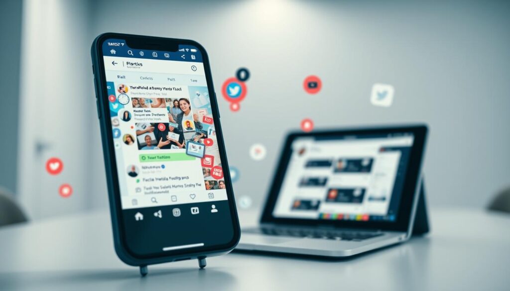 A dynamic and interconnected social media landscape, with various platforms and devices seamlessly intertwined. In the foreground, a smartphone screen displays a vibrant feed of posts, interactions, and notifications, reflecting the constant flow of digital communication. The middle ground features a laptop and tablet, their screens showcasing different social media interfaces, symbolizing the multi-device nature of modern social engagement. In the background, a sleek, minimalist office setting with clean lines and muted tones, creating a sense of professionalism and productivity. Soft, diffused lighting illuminates the scene, conveying a sense of focus and efficiency. The overall atmosphere suggests the integration of social media into the daily workflow of a marketer, unlocking new avenues for productivity and collaboration. A dynamic and interconnected social media landscape, with various platforms and devices seamlessly intertwined. In the foreground, a smartphone screen displays a vibrant feed of posts, interactions, and notifications, reflecting the constant flow of digital communication. The middle ground features a laptop and tablet, their screens showcasing different social media interfaces, symbolizing the multi-device nature of modern social engagement. In the background, a sleek, minimalist office setting with clean lines and muted tones, creating a sense of professionalism and productivity. Soft, diffused lighting illuminates the scene, conveying a sense of focus and efficiency. The overall atmosphere suggests the integration of social media into the daily workflow of a marketer, unlocking new avenues for productivity and collaboration.